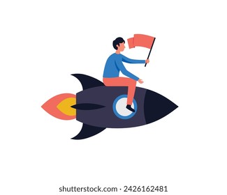 Hombre de negocios montando el cohete mientras sostiene la bandera roja de dibujos animados Illustration.Business personas con concepto de tecnología . Diseño vectorial de estilo plano de dibujos animados