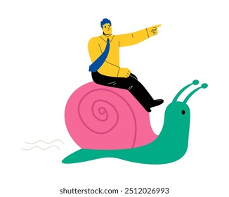 Homem de negócios montando caracol lento nunca atingir o objetivo. Gerenciamento ineficiente. Ilustração de vetor plano isolada no plano de fundo branco
