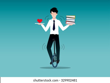 Business man riding unicycle while balancing what he love and work. Life balance concept.