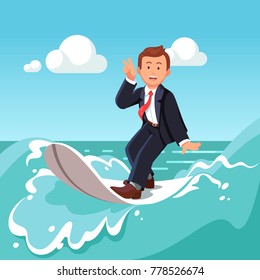 Business man riding waves on surfing board. Surfing business man showing victory gesture balancing standing on surfboard. Flat vector illustration isolated on white background.