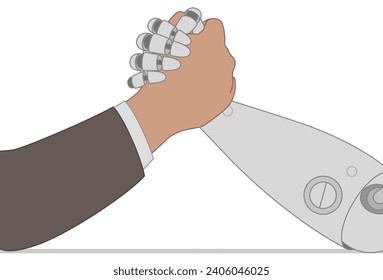 business man and robot, arm wrestling closeup view, isolated on a white background