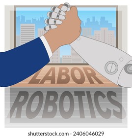 business man and robot, arm wrestling over labor and robotics text, closeup view, office window showing city skyline with buildings in the background