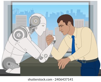 hombre de negocios y robot, lucha de brazos en el escritorio, ventana de oficina que muestra el horizonte de la ciudad con edificios en el fondo