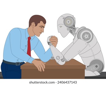 business man and robot, arm wrestling on desk, isolated on a white background