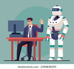 Geschäftsmann und Roboterassistent, Vektorgrafik. Boss sitzt am Schreibtisch mit dem Computer und ordnet Aufgaben dem Roboter-Büromanager zu. KI im Geschäftskonzept