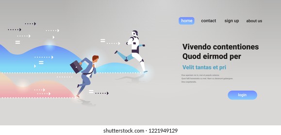 business man and robot competing run to finish line artificial intelligence technology competition concept flat horizontal copy space vector illustration