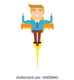 Business man with rocket .Flying on the top . Flat cartoon design