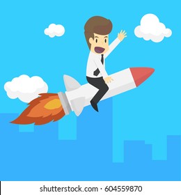 A business man rocket ride is the vehicle, flying high. vector