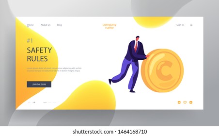 Business Man Rolling Gold Coin Website Landing Page, People and Money Safety, Investment, Financial Secure, Profit, Salary Wealth, Increasing Capital Web Page. Cartoon Flat Vector Illustration, Banner