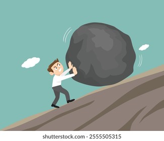 Business man rolling huge stone ball up hill. Worker hard working. Flat, Vector, Illustration, Cartoon, EPS10.   