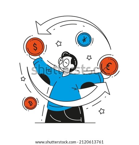 Business man rotating cash money coin with arrow currency exchange concept vector flat illustration. Global monetary trading circulation round financial converter. Investment conversion isolated