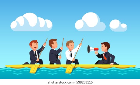 Business man rowing with oars under the guidance of their leader or boss shouting commands into the speaker. Swimming together towards the aim. Teamwork concept. Flat style modern vector illustration.