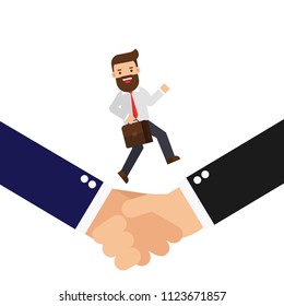 Business man run with bag on handshake