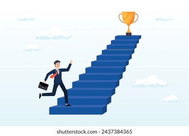 Business man run fast climb up stair to reach winning trophy, man success, step to achieve career success, motivation to grow career path, growth, climb up stair to reach goal, ambition (Vector)