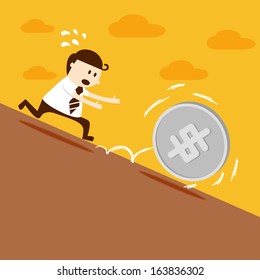 Business man run follow dollar coin