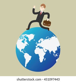 business man run global. people with work. passion for huge goal achievement. cartoon vector illustration
