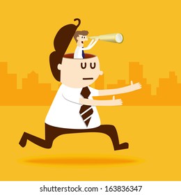 Business man run with guide and binocular
