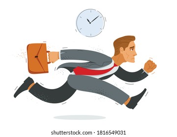 Business man run and hurry late vector illustration, funny comic cute cartoon accountant or businessman worker or employee in a rush.
