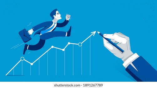 Business man run and hurry on growth chart graph vector illustration, funny comic cute cartoon accountant or businessman worker or employee in a rush to financial success.
