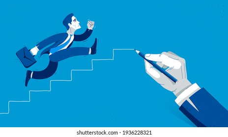 Business man run and hurry on stairs drawing by big hand of boss vector illustration, funny comic cute cartoon worker or employee motivated to career growth success.