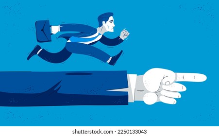 Business man run and hurry on pointing boss hand symbolizes career motivation vector illustration, funny comic cute cartoon worker or employee in a rush to success.