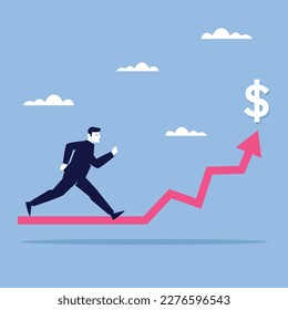 Business Man Run on the Graphic Chart with Dollar Sign 