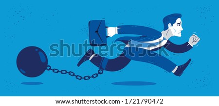 Business man run with a shackles and weight on her leg symbolizes problems such as debt crisis or taxes vector illustration, funny comic cute cartoon businessman worker or employee in a rush.