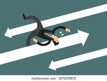 Business man running away from arrow attacks. Business concept of overcoming obstacles and challenges in the corporate world. Vector illustration.