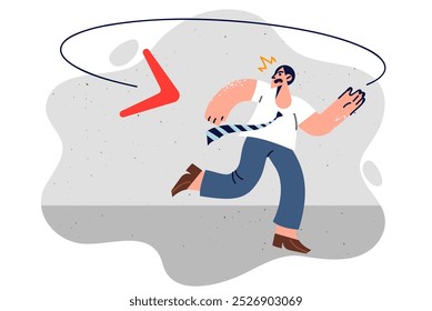 Business man is running away from boomerang, trying to hide from consequences of own actions, which led to bad result. Guy escapes from boomerang symbolizing fate and results of previous mistakes.