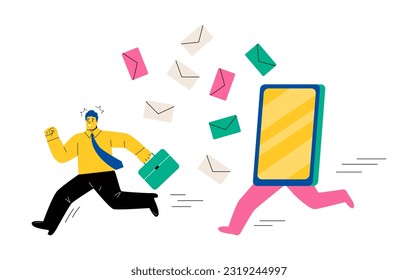 Hombre de negocios huyendo de un smartphone gigante, concepto de persona obsesionada con las notificaciones por Internet. Ilustración vectorial plana aislada en fondo blanco
