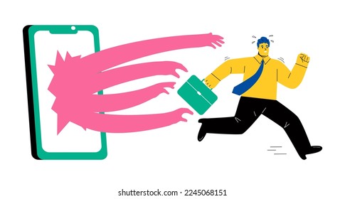 Business man running away from mobile phone. Dangers of mobile phones and social media. Flat vector illustration isolated on white background
