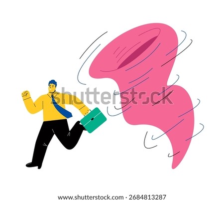 Business man running away from tornado. Flat vector illustration isolated on white background

