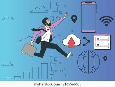 Business man running with bag and high tech wireless data, mobile, wi-fi, share, upload, globe, location concept on background