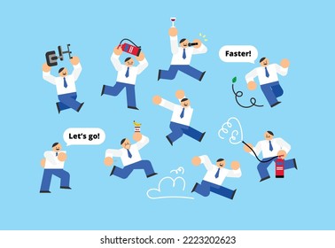 Business Man Running Body Gesture Set Flat Design Character Illustration