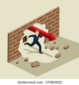 Business Man Running For Breaking A Wall With Isometric