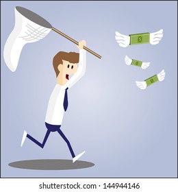 Business man running and catching dollar notes, EPS10 vector format