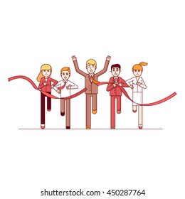 Business man running crossing finish line and tearing red ribbon finishing first in a market race. Entrepreneur businessman leader. Modern flat style thin line vector illustration concept.