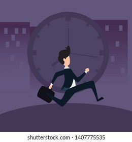 Business man running fast. Late business person rushing in a hurry to get on time. Flat style vector character illustration isolated on white - Vector 