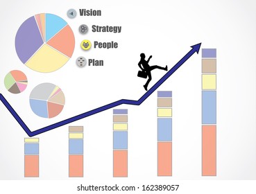Business man running up an growth arrow heading for more growth, revenue, profits, turnover because of strategy, people, plan and vision, bar and pie chart - Concept design vector illustration art 