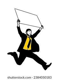 Business man running holding blank placard vector.
