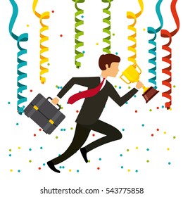 business man running holding a trophy and briefcase over decorative streamer and white background. colorful design. vector illustration