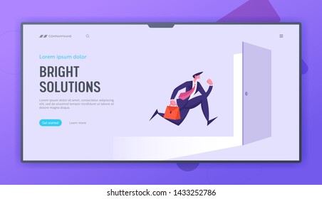 Business Man Running into Open Door Entrance, Businessman New Opportunity, Way, Career Growth, Right Solution, Future Concept Website Landing Page, Web Page. Cartoon Flat Vector Illustration, Banner