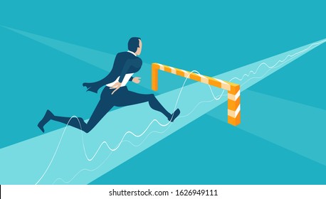 Business man running and jumping over hurdles towards success.  Winning and successfulness in business concept illustration