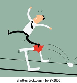 Business man running and jumping over the hurdle but failed to cross over it. Business concept in failure or unable to overcome obstacle or problem. 