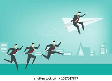 business man running, jumping and sitting on paper plane
