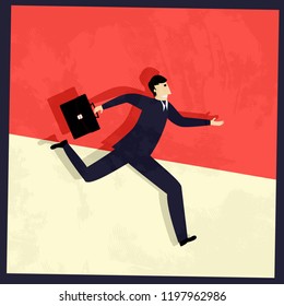 Business man running late, conceptual retro style vector graphic