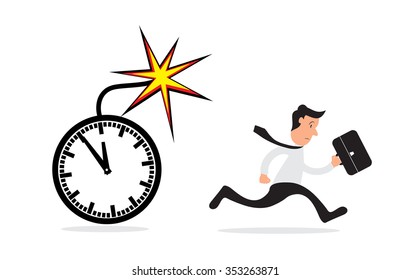 Business man running from office clock bomb, deadline concept. Vector illustration