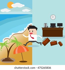 Business man running from office to summer beach. vector illustration.Business concept