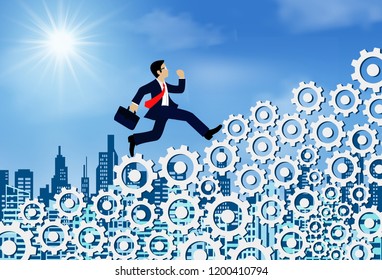business man running on the gear ladder. go to goal. business success. creative idea. leadership. illustration vector