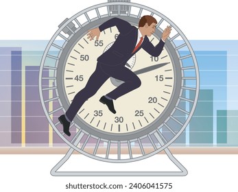 business man running on hamster wheel against time with stopwatch and bar graph in the background